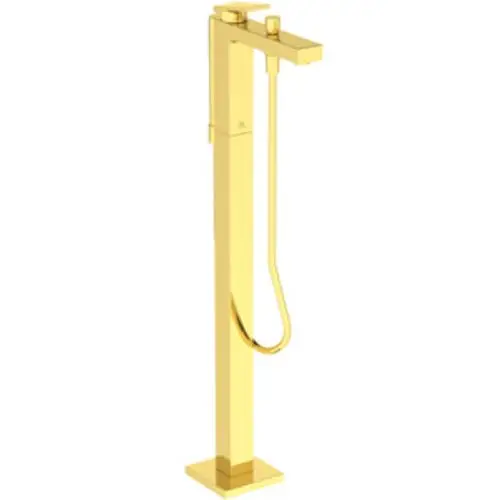 Freistehender Wasserarmatur mit Haltegriff und Auslauf, in brushed gold, von Ideal Standard. Die Konstruktion ist quadratisch mit klaren Linien und einem eleganten Design.